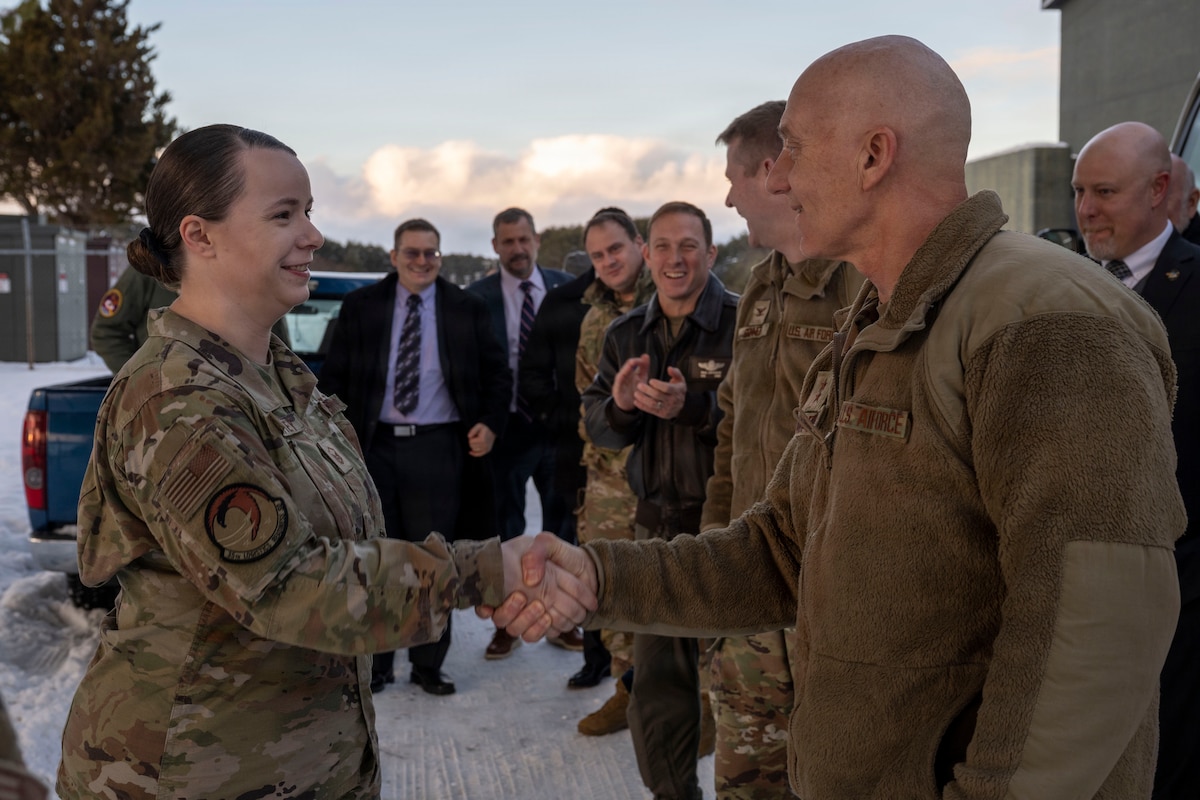 U.S. Air Force Maj. Gen. Donald Carpenter, F-35 fleet readiness and sustainment director, meets with Master Sgt. Sarah-Ann Whittey, 35th Logistics Readiness Squadron materiel management flight maintenance support section chief, at Misawa Air Base, Japan, Jan. 28, 2026