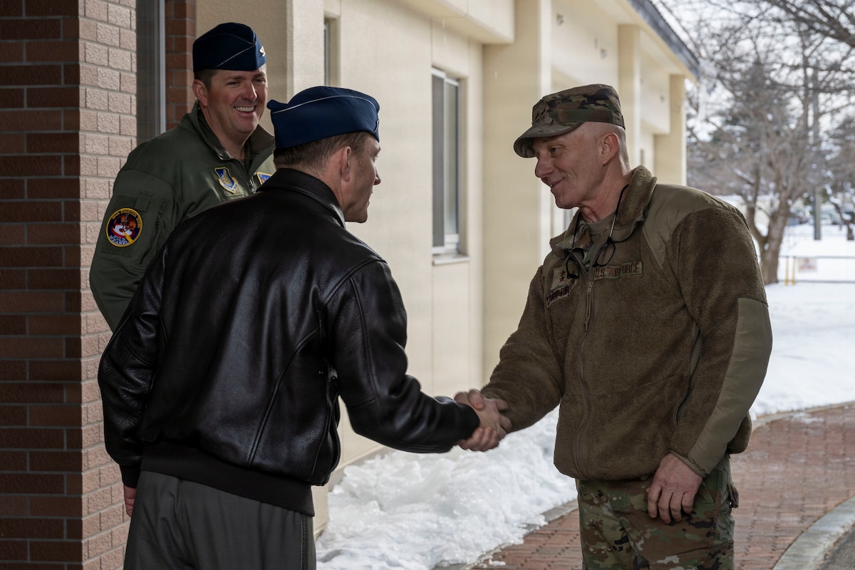 U.S. Air Force Maj. Gen. Donald Carpenter, F-35 fleet readiness and sustainment director, right, meets with Col. Paul Davidson, 35th Fighter Wing (FW) commander, and Col. Matthew Hoyt, 35th FW deputy commander, at Misawa Air Base, Japan, Jan. 28, 2026.