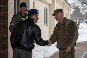 U.S. Air Force Maj. Gen. Donald Carpenter, F-35 fleet readiness and sustainment director, right, meets with Col. Paul Davidson, 35th Fighter Wing (FW) commander, and Col. Matthew Hoyt, 35th FW deputy commander, at Misawa Air Base, Japan, Jan. 28, 2026.