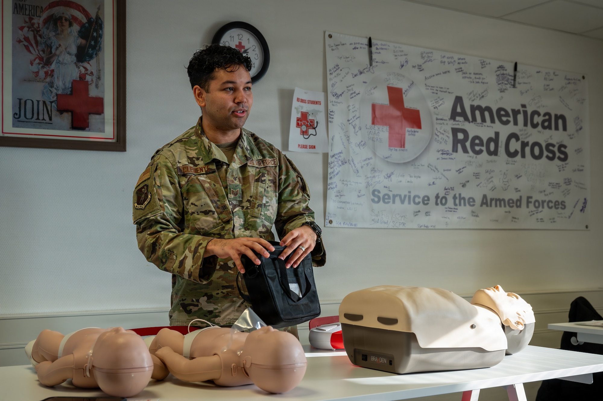 U.S. Air Force Staff Sgt. Jonathan Clemente, 603rd Air Operations Center enlisted executive, conducts an Adult and Pediatric First Aid/CPR/AED course at Ramstein Air Base, Germany, Jan. 22, 2026.