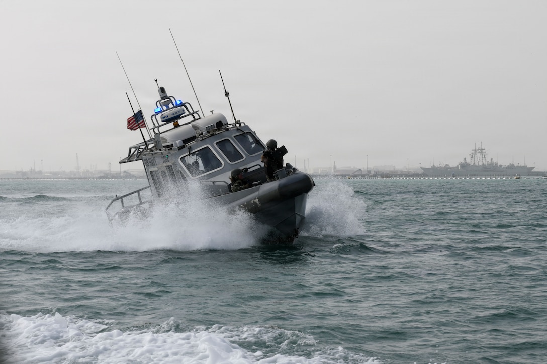 MANAMA, Bahrain (February 4, 2026) Naval Support Activity (NSA) Bahrain Harbor Patrol Unit personnel pursue a training boat as part of Exercise Citadel Protect. Citadel Protect is an annual multinational force protection exercise designed to enhance security readiness and strengthen interoperability across commands, services, and partner nations. NSA Bahrain enables the forward operations and responsiveness of U.S. and allied forces in support of the EURAFCENT mission to provide services to the fleet, warfighter and family. (U.S. Navy photo by Mass Communication Specialist 2nd Class Raphael McCorey)