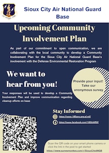 Community Involvement Plan graphic. This graphic depicts a survey request via link or QR code for local community members and stakeholders to use to provide feedback for the establishment of a new CIP for the Defense Environmental Restoration Program at the Sioux City ANG Base.