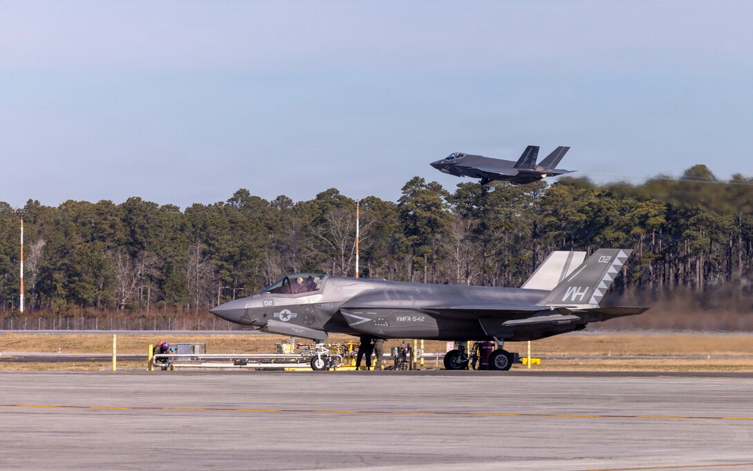 U.S. Marines with Marine Fighter Attack Squadron (VMFA) 542 and VMFA-251, Marine Aircraft Group 14, 2nd Marine Aircraft Wing, conduct maritime strike training during Atlantic Lightning 26-1 at Marine Corps Air Station Cherry Point, North Carolina, Jan. 29, 2026. Atlantic Lightning 26-1 is a tactical aircraft exercise focused on Marine Air-Ground Task Force and Joint Force integration and distributed aviation operations, including offensive and defensive counter-air, suppression of enemy air defenses, close air support, and expeditionary operations. (U.S. Marine Corps photo by Lance Cpl. Michael Robinson)