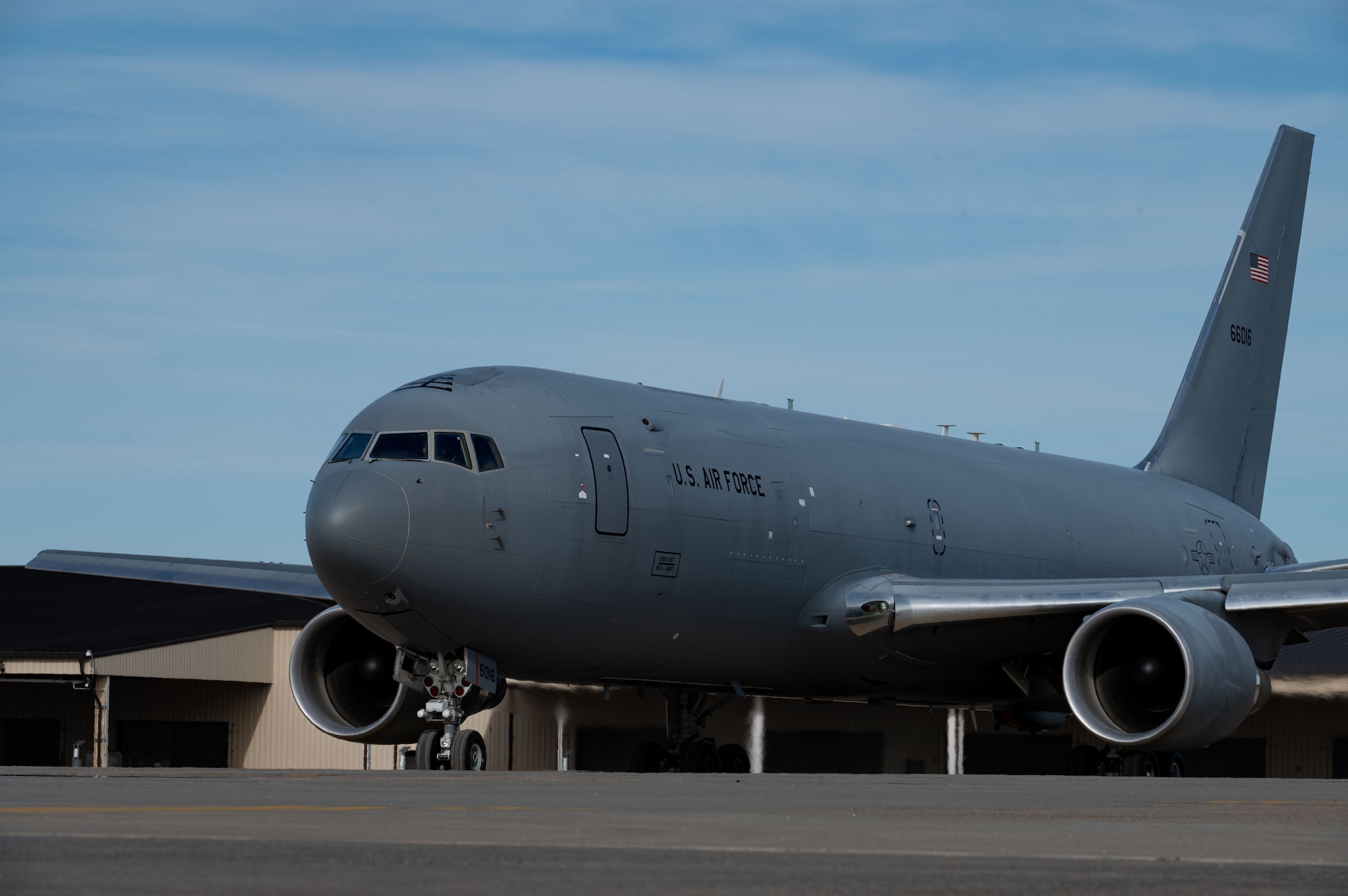 A U.S. Air Force KC-46A Pegasus aircraft assigned to the 305th Air Mobility Wing taxis on the flight line at Joint Base McGuire-Dix-Lakehurst, N.J., Jan. 24, 2026. Multiple aircraft at JB MDL were repositioned from the local area preceding Winter Storm Fern to continue performing vital aerial refueling and cargo transportation missions. (U.S. Air Force photo by Airman 1st Class Haeleigh Bayle)
