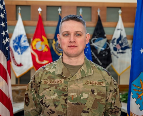 U.S. Air Force 2nd Lt. Christopher Browning, a reserve chaplain candidate, stands for a portrait in the Air Force Mortuary Affairs Operations atrium, Dover Air Force Base, Delaware,  Jan. 30, 2026. After a short tour at AFMAO, 2nd Lt. Browning is now going through the process of finalizing documentation and working with a recruiter to find a gaining base until finally recommissioning as a fully qualified Air Force Chaplain. (U.S. Air Force photo by Staff Sgt. Frank Rohrig)