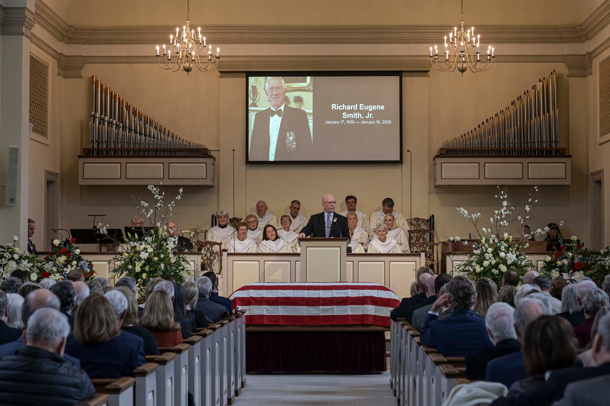 A family member delivers a eulogy during the celebration of life for retired U.S. Air Force Lt. Col. Richard "Gene" Smith Jr. at First Presbyterian Church in West Point, Mississippi, Jan. 23, 2026.