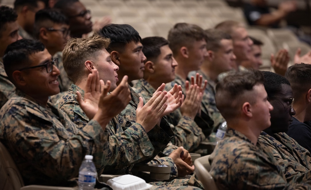 U.S. Marines clap for Tate Stevens, an American country music artist, following a performance during a Back the Bases Celebrity Tour event at the Pendleton Theater and Training Center on Marine Corps Base Camp Pendleton, Calif., Jan. 30, 2026. Hosted by Randy Miller, founder and host of the National Defense Network, the Back the Bases Celebrity Tour is a yearlong series of visits to military installations across the United States, celebrating and supporting service members. (U.S. Marine Corps photo by Cpl. Jacqueline Akamelu)