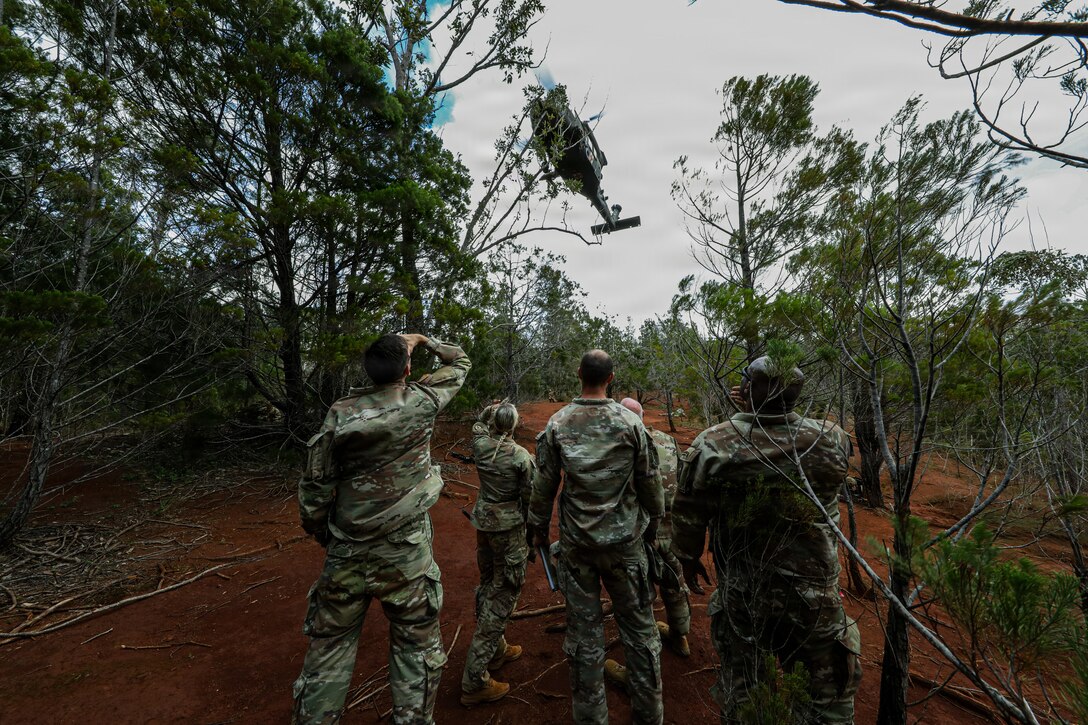 Senior U.S. Army medical leaders and Soldiers observe an air medical evacuation aircraft conduct jungle extraction operations during jungle medicine training at East Range, Wahiawa, Hawaii, Jan. 14, 2026.