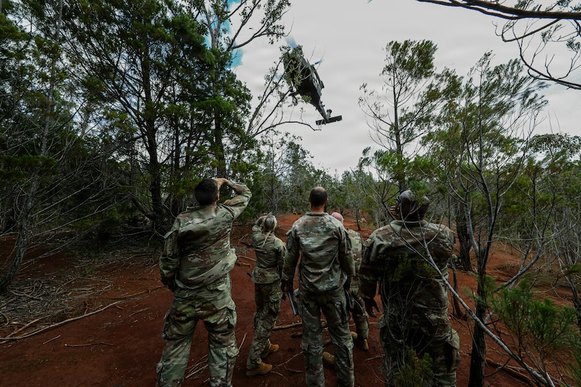 Senior U.S. Army medical leaders and Soldiers observe an air medical evacuation aircraft conduct jungle extraction operations during jungle medicine training at East Range, Wahiawa, Hawaii, Jan. 14, 2026.