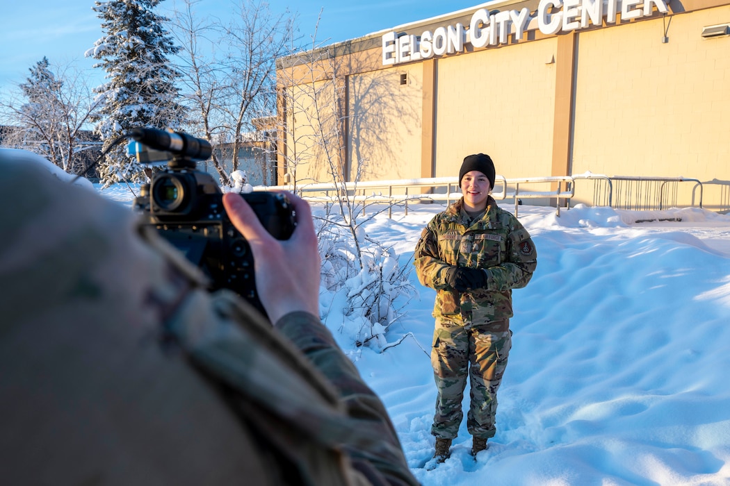 U.S. Air Force Airman 1st Class Mary Murray, 354th FW public affairs journeyman, is filmed for a video at Eielson Air Force Base, Nov. 24, 2025.