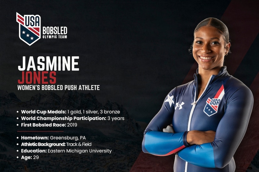 A woman wearing sports attire has her arms crossed over her chest while posing for a photo on a graphic that includes several stats about her and her sport.