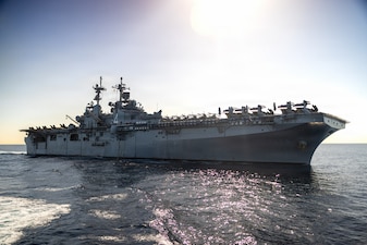 Wasp-class amphibious assault ship USS Boxer (LHD 4) departs from Whidbey Island-class dock landing ship USS Comstock (LSD 45) after a mock ship to ship refuel operation in the Pacific Ocean, Jan. 30, 2026.