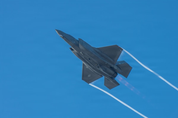 A U.S. Air Force F-35 Lightning II from the 115th Wing, Wisconsin Air National Guard, takes flight during exercise Sentry Aloha 26-1 at Joint Base Pearl Harbor-Hickam, Hawaii, Jan. 27, 2026.