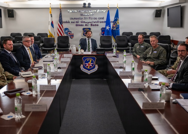 Under Secretary of the Air Force Matt Lohmeier meets with the U.S. Embassy at Osan Air Base, Republic of Korea, Jan. 30, 2026. Lohmeier’s visit is focused on engaging with Airmen and Guardians executing the mission across the Indo-Pacific, while also understanding the region’s operational challenges. (U.S. Air Force photo by Staff Sgt. Sarah Williams)
