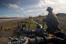 U.S. Marine Corps Lance Cpl. Antonio Sanchez, an expeditionary fuels technician with Marine Wing Support Squadron 171, Marine Aircraft Group 12, 1st Marine Aircraft Wing, conduct a pressure test on fuel hoses during an Aviation Training Relocation program at Tinian, Northern Mariana Islands, January 17, 2026