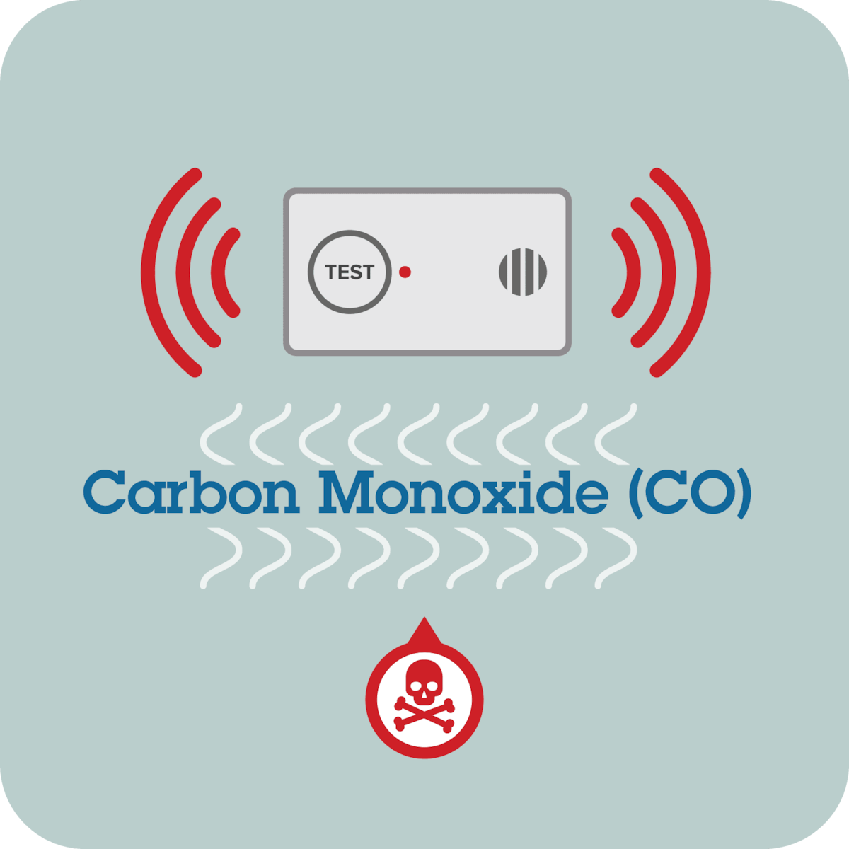 Light blue graphic with a carbon monoxide detector.