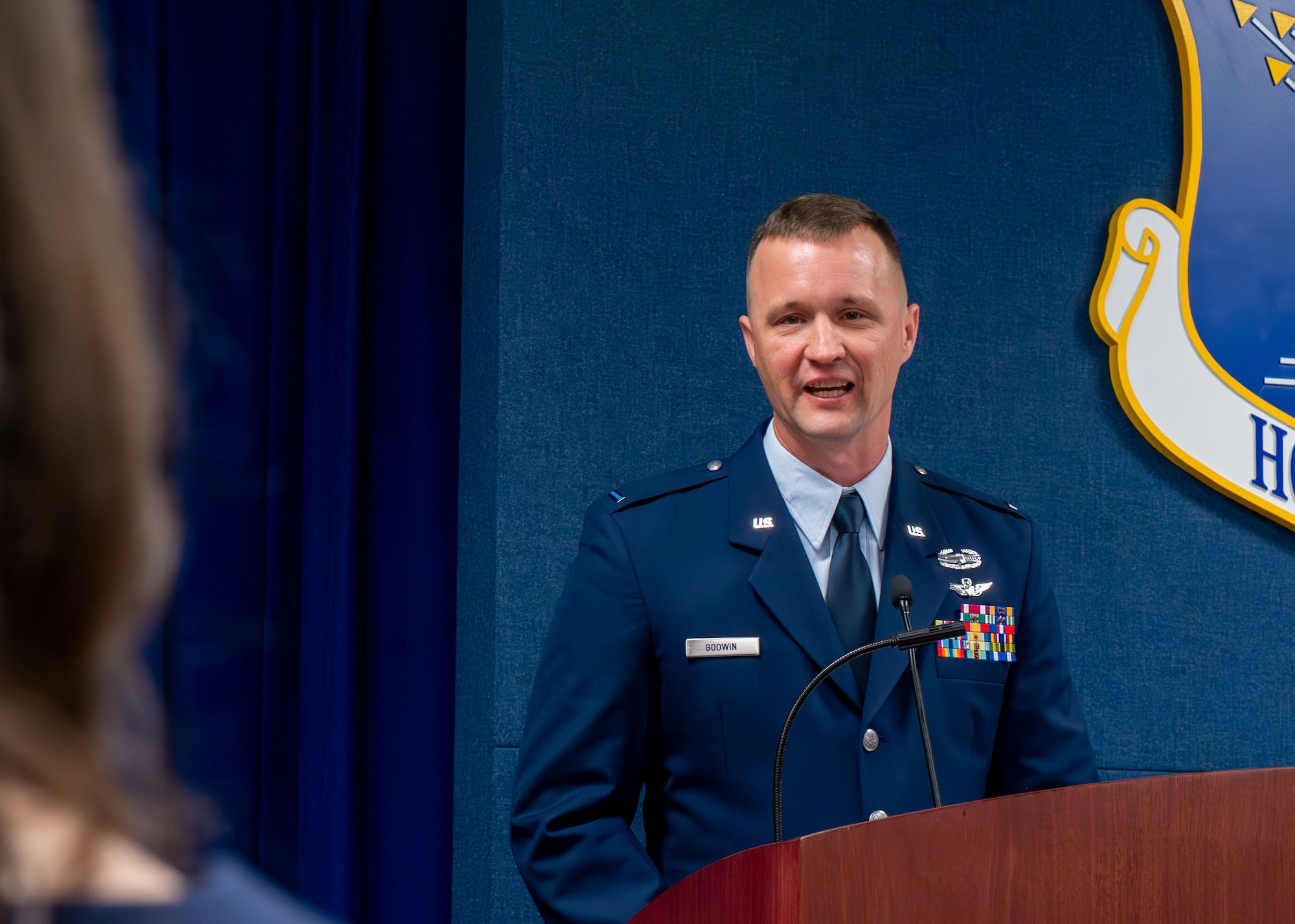 U.S. Air Force Chief Warrant Officer 5, Jason Godwin, Warrant Officer Training School advisor to the commandant, addresses the audience during his transfer of service ceremony at Maxwell Air Force Base, Alabama, Jan. 30, 2026. As the highest-ranking Warrant Officer in the service, Godwin will provide senior-level technical expertise and mentorship to the developing Warrant Officer corps. (U.S. Air Force photo by Airman 1st Class Nelvis Sera)