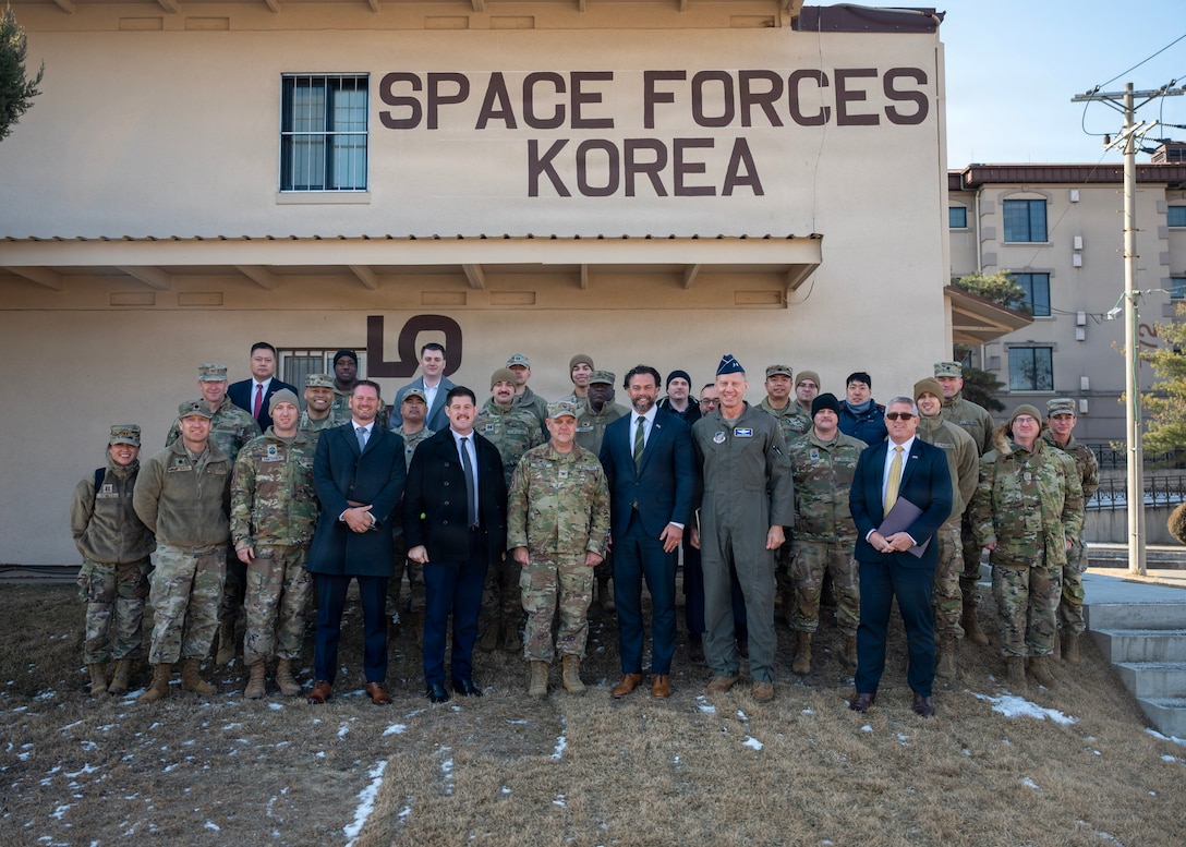 Under Secretary of the Air Force Matt Lohmeier takes a photo with Space Forces Korea Guardians at Osan Air Base, Republic of Korea, Jan. 30, 2026. Lohmeier’s visit is focused on engaging with Airmen and Guardians executing the mission across the Indo-Pacific, while also understanding the region’s operational challenges. (U.S. Air Force photo by Staff Sgt. Sarah Williams)
