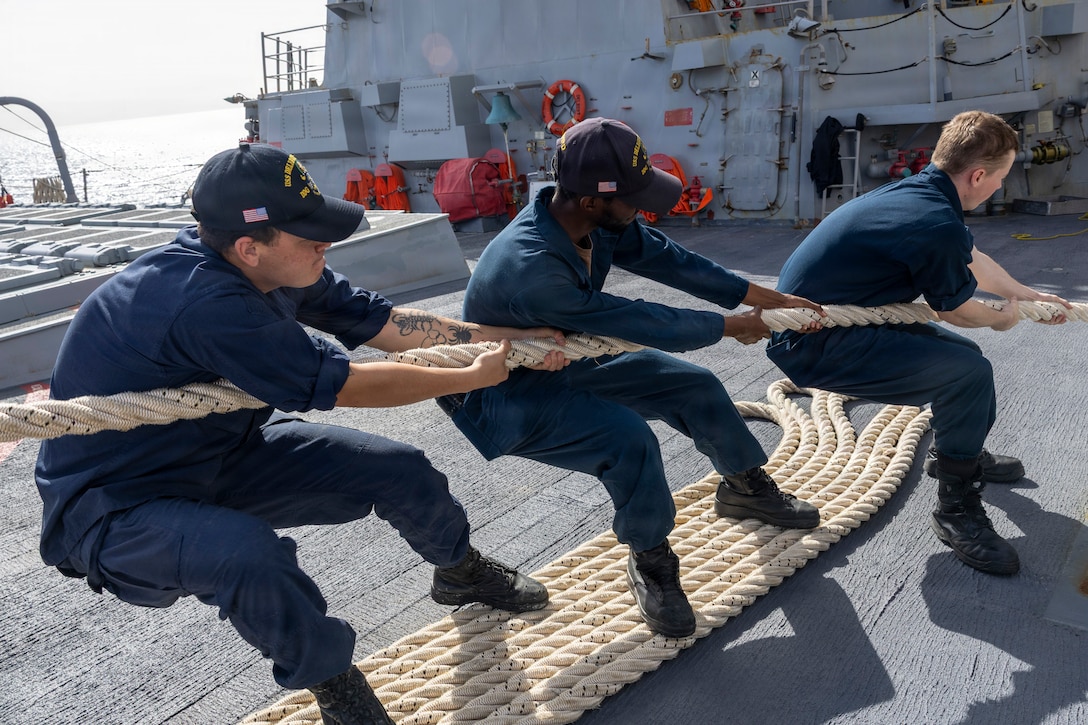 EILAT, Israel (Jan. 30, 2026) – U.S. Sailors, assigned to Arleigh Burke-class guided-missile destroyer USS Delbert D. Black (DDG 119), handle a mooring line during a scheduled routine port visit to Eilat, Israel, Jan. 30. Delbert D. Black is deployed to the U.S. 5th Fleet area of operations to support maritime security and stability in the U.S. Central Command area of responsibility. (U.S. Navy photo by Mass Communication Specialist 1st Class Wendy Arauz)