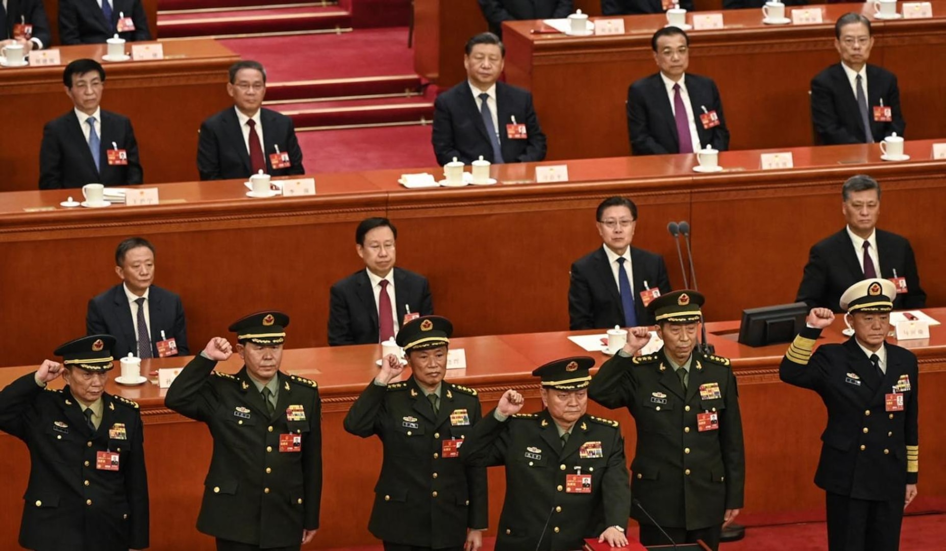 Zhang Youxia (front) in 2023 swearing an oath as Vice Chairman of the Central Military Commission at the Great Hall of the People in Beijing