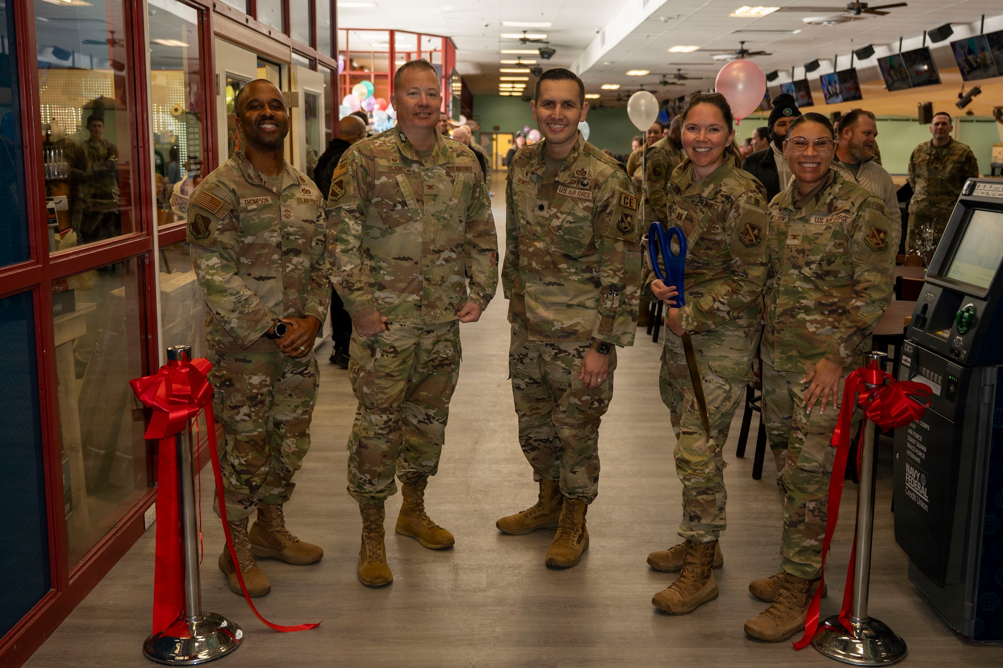 The U.S. Air Force’s 11th Wing leadership cuts the ribbon reopening the Potomac Lanes Bowling Center at Joint Base Anacostia-Bolling, Washington, D.C., Feb. 2, 2026. Contractors refurbished the facilities’ floors and restrooms, installed new ceiling fans and updated the sound system to improve quality of life through elevated on-base recreation. (U.S. Air Force photo by Staff Sgt. Jordan Powell)