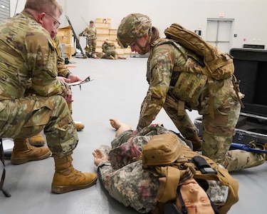 Louisiana National Guard medics complete a final skills certification event concluding 68W sustainment training at Camp Beauregard in Pineville, La., Jan. 31, 2026.