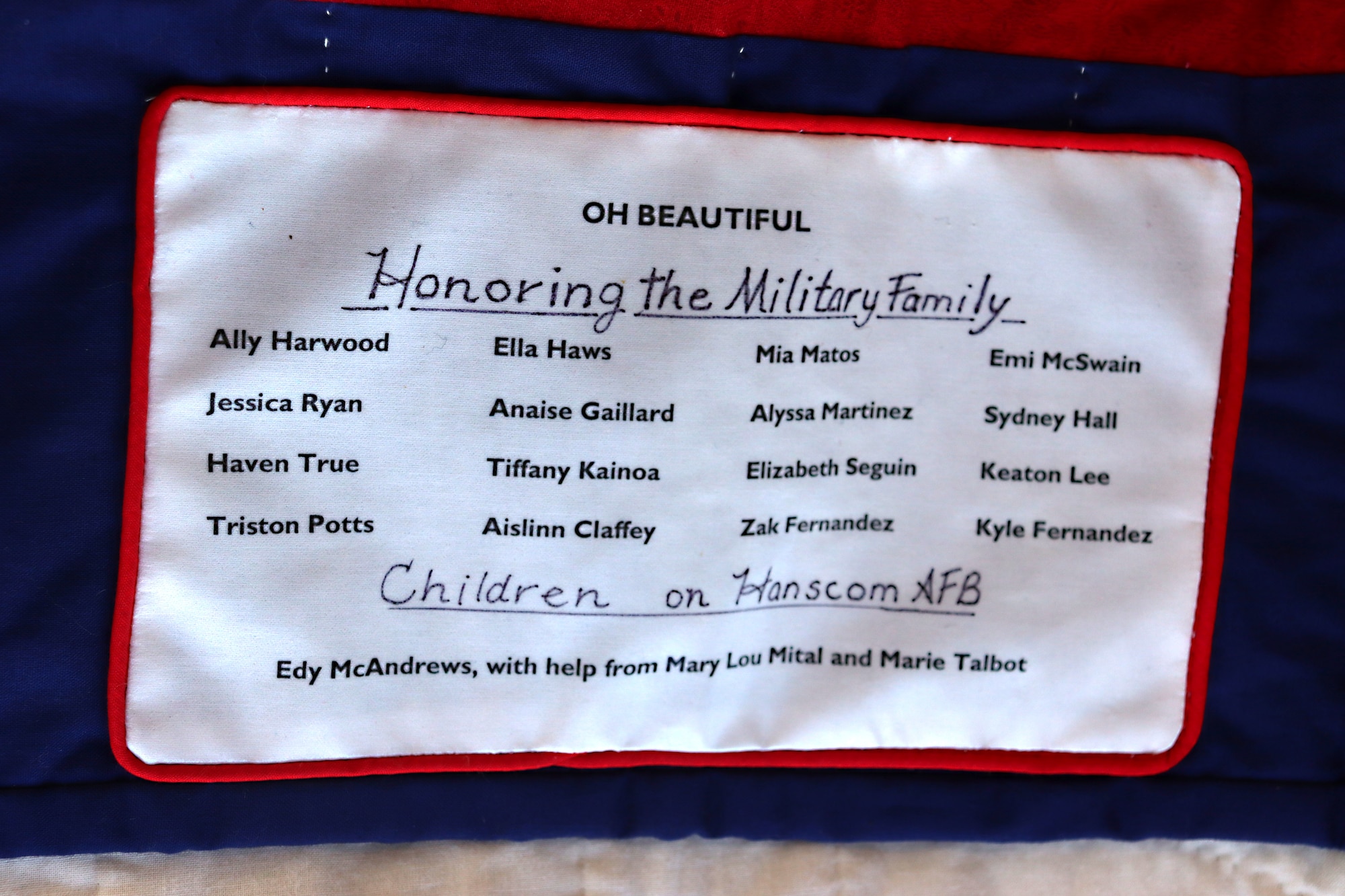 Image of names on a quilt donated to Hanscom AFB