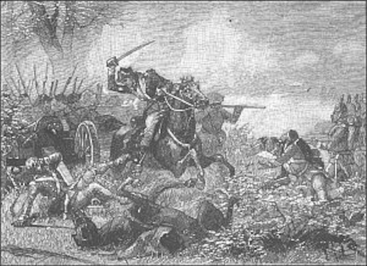 A black and white painting depicts soldiers shooting each other with long guns and slashing each other with swords.