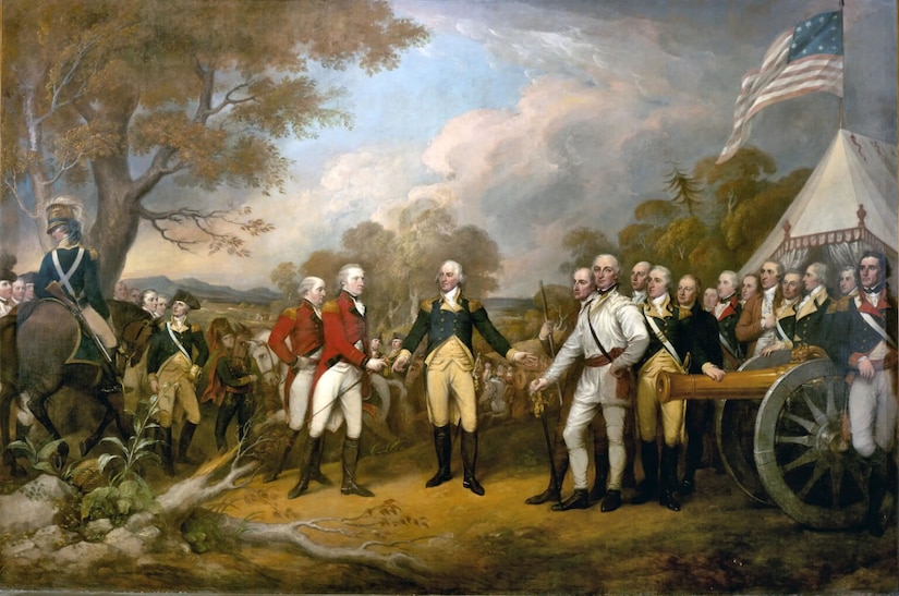 A painting depicts troops in various Revolutionary War-era military uniforms standing next to a cannon in the countryside under a partly cloudy sky.
