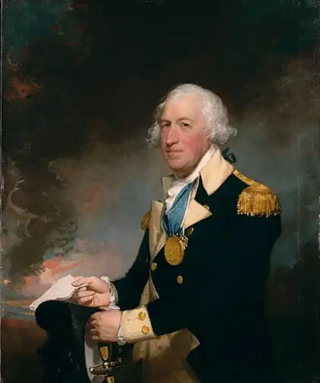 A painting depicts a man in a military dress uniform with a pendant hanging around his neck in a night scene.