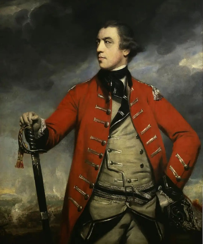 A painting depicts a man in his military dress uniform, right hand resting on his downturned sword as storm clouds form in the distance.