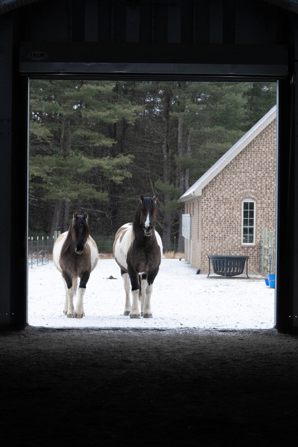 A snowy scene showcases an arched metal building used as a horse barn. Fencing and associated structures surround the building.