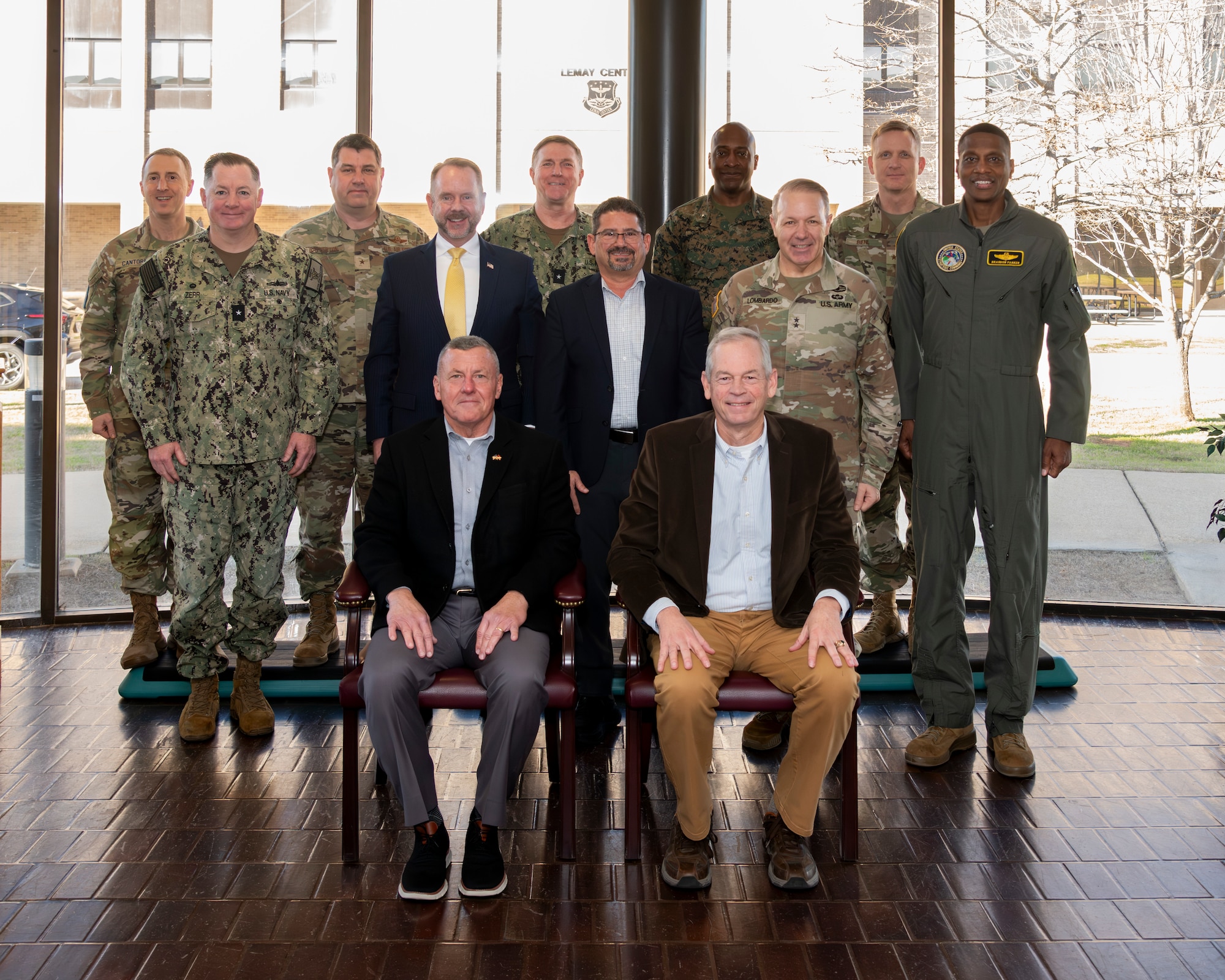 Military flag officers, senior executives and retired general officers pose for a class photo during the Joint Flag Officer Warfighting Course at Maxwell Air Force Base, Alabama, Jan. 28, 2026.