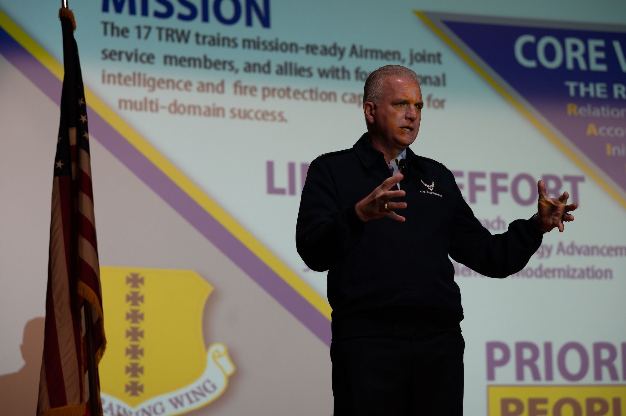 U.S. Air Force Col. Matthew Norton, 17th Training Wing commander, speaks at the All-Call and 4th Quarter Awards Ceremony at the base theater, Goodfellow Air Force Base, Texas, Jan. 30, 2026. Norton addressed key initiatives designed to maintain excellence, modernize infrastructure, and deepen community partnerships. (U.S. Air Force photo by Senior Airman Evelyn D’Errico)