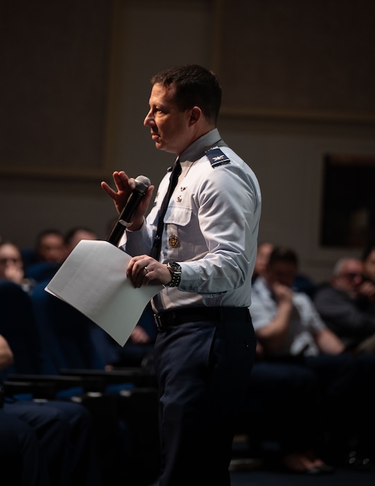 U.S. Air Force Col. Jason Gerber, 17th Training Group commander, addresses the audience during the All-Call and 4th Quarter Awards Ceremony at the base theater, Goodfellow Air Force Base, Texas, Jan. 30, 2026. Awards were given to Airmen and civilians in 12 categories to recognize the recipients' exceptional work. (U.S. Air Force photo by Senior Airman Evelyn J. D'Errico)
