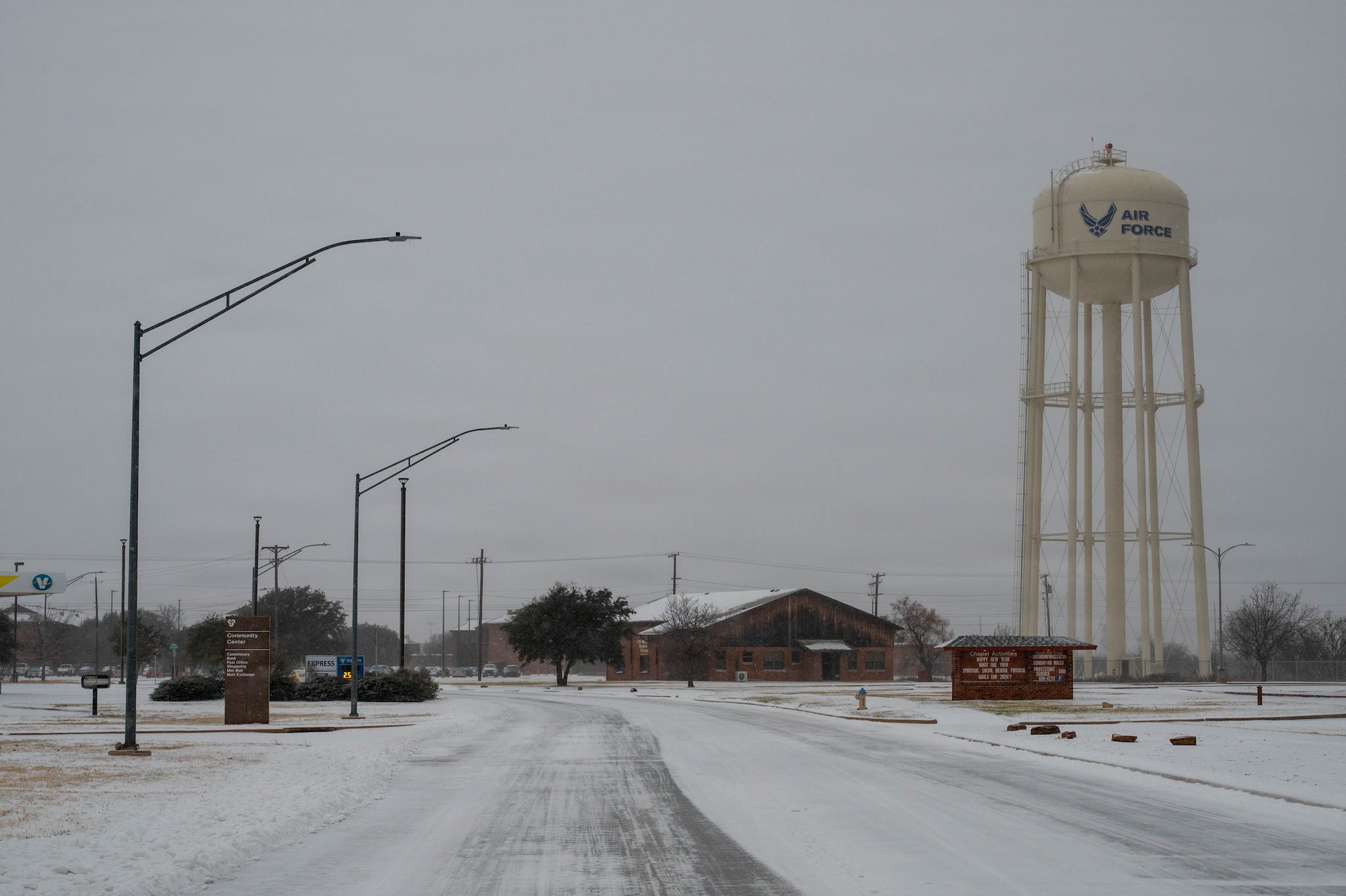Snow and ice persist during Winter Storm Fern at Dyess Air Force Base, Texas, Jan. 24, 2026. The storm struck on the second day of the 7th Bomb Wing’s Combat Readiness Exercise, forcing Airmen assigned to the 7th Civil Engineer Squadron to balance force protection tasks, exercise objectives and deteriorating weather conditions. (U.S. Air Force photo by Airman William Neal)