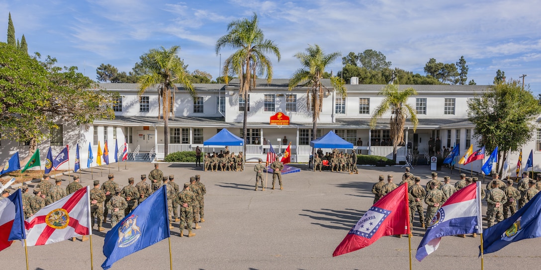 U.S. Marines with Bravo Company, Headquarters and Support Battalion, Marine Corps Installations West, Marine Corps Base Camp Pendleton stand in formation during a change of command ceremony at MCB Camp Pendleton, Calif., Feb. 2, 2026. During the ceremony, Maj. Alex O. Westerholm, outgoing commanding officer of Bravo Co. relinquished command of Bravo Co. to Maj. Payton D. Nevills, incoming commanding officer of Bravo Co. The ceremony signified the transfer of accountability, responsibility and authority to new leadership and the continuity of command. (U.S. Marine Corps photo by Sgt. Rafael).