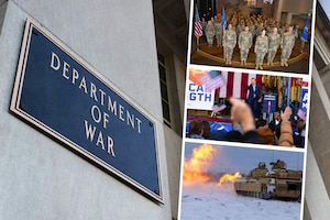 In a graphic, three photographs are stacked next to the Department of War sign on a building.