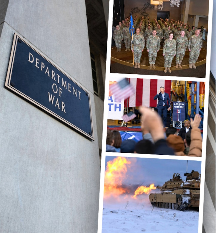 In a graphic, three photographs are stacked next to the Department of War sign on a building.