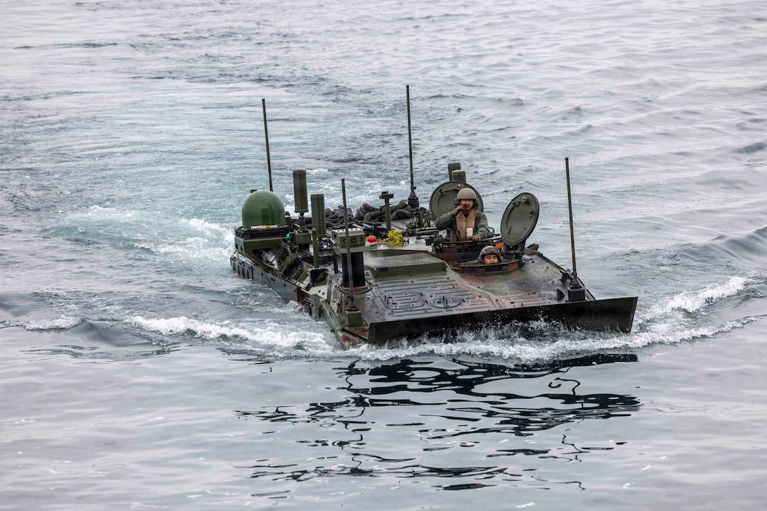 U.S. Marines with 3rd Assault Amphibian Battalion, 1st Marine Division, conduct ship to shore movements during Quarterly Underway Amphibious Readiness Training 26.2, off the coast of California, Jan. 23, 2026.