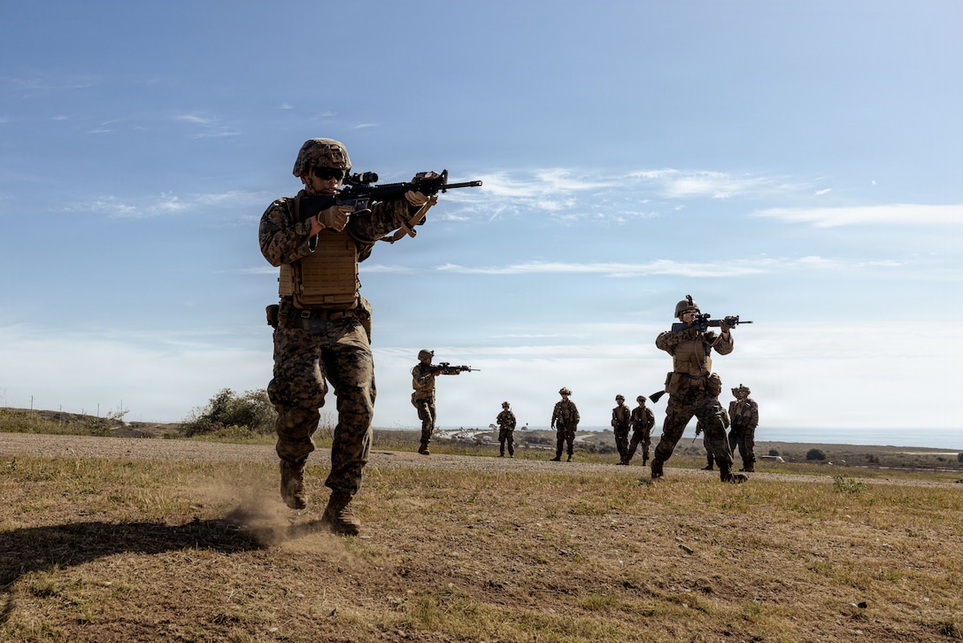 U.S. Marines with Battlespace Surveillance Company, 1st Intelligence Battalion, I Marine Expeditionary Force Information Group, conduct military operations in urban terrain training as part of a maritime sensing and infantry tactics training exercise at Marine Corps Base Camp Pendleton, California, Feb. 2, 2026. The training allows I MIG Marines to refine advanced battle tracking skills to detect, identify, and monitor friendly forces, providing real-time situational awareness for commanders across the battlespace. (U.S. Marine Corps photo by Cpl. Angelina Sara)