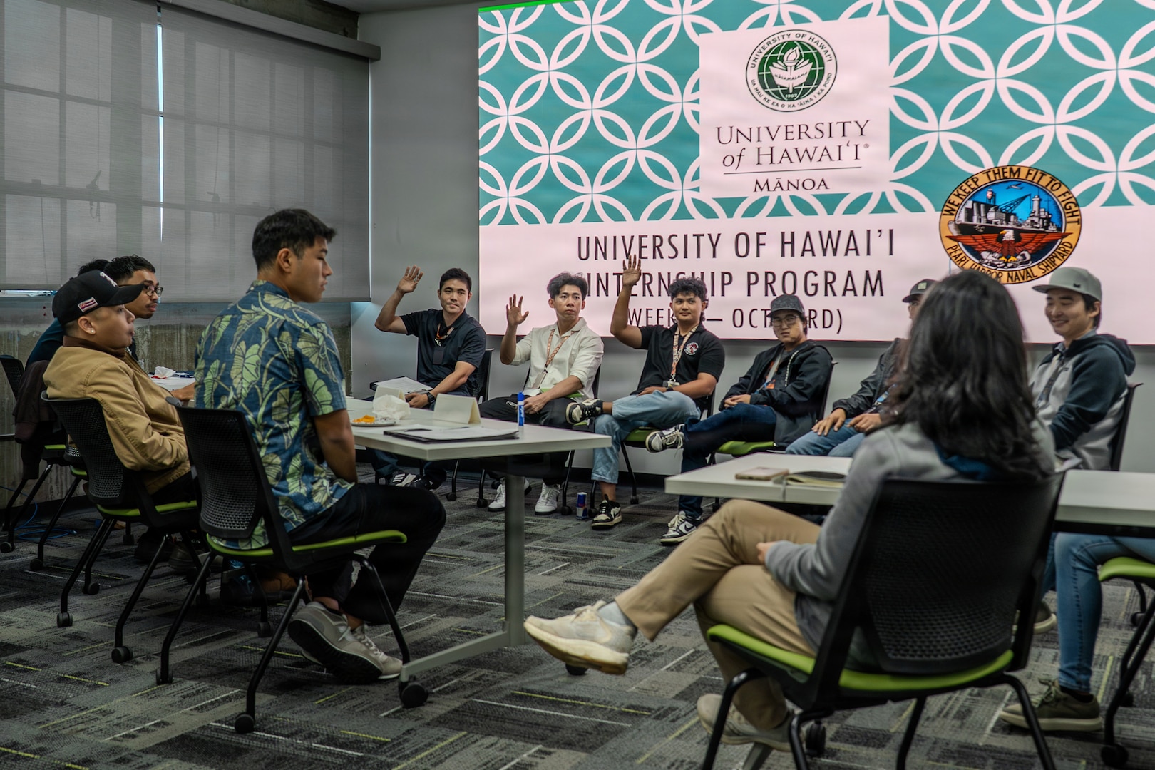 Shipyard employees, all alumni of the cooperative education program, share advice with current University of Hawaii Manoa students during a mentorship circle at PHNSY & IMF on Oct. 22, 2025.