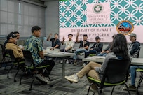 Shipyard employees, all alumni of the cooperative education program, share advice with current University of Hawaii Manoa students during a mentorship circle at PHNSY & IMF on Oct. 22, 2025.