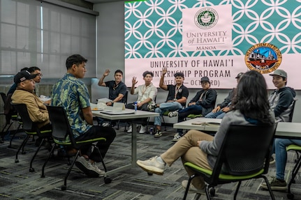 Shipyard employees, all alumni of the cooperative education program, share advice with current University of Hawaii Manoa students during a mentorship circle at PHNSY & IMF on Oct. 22, 2025.