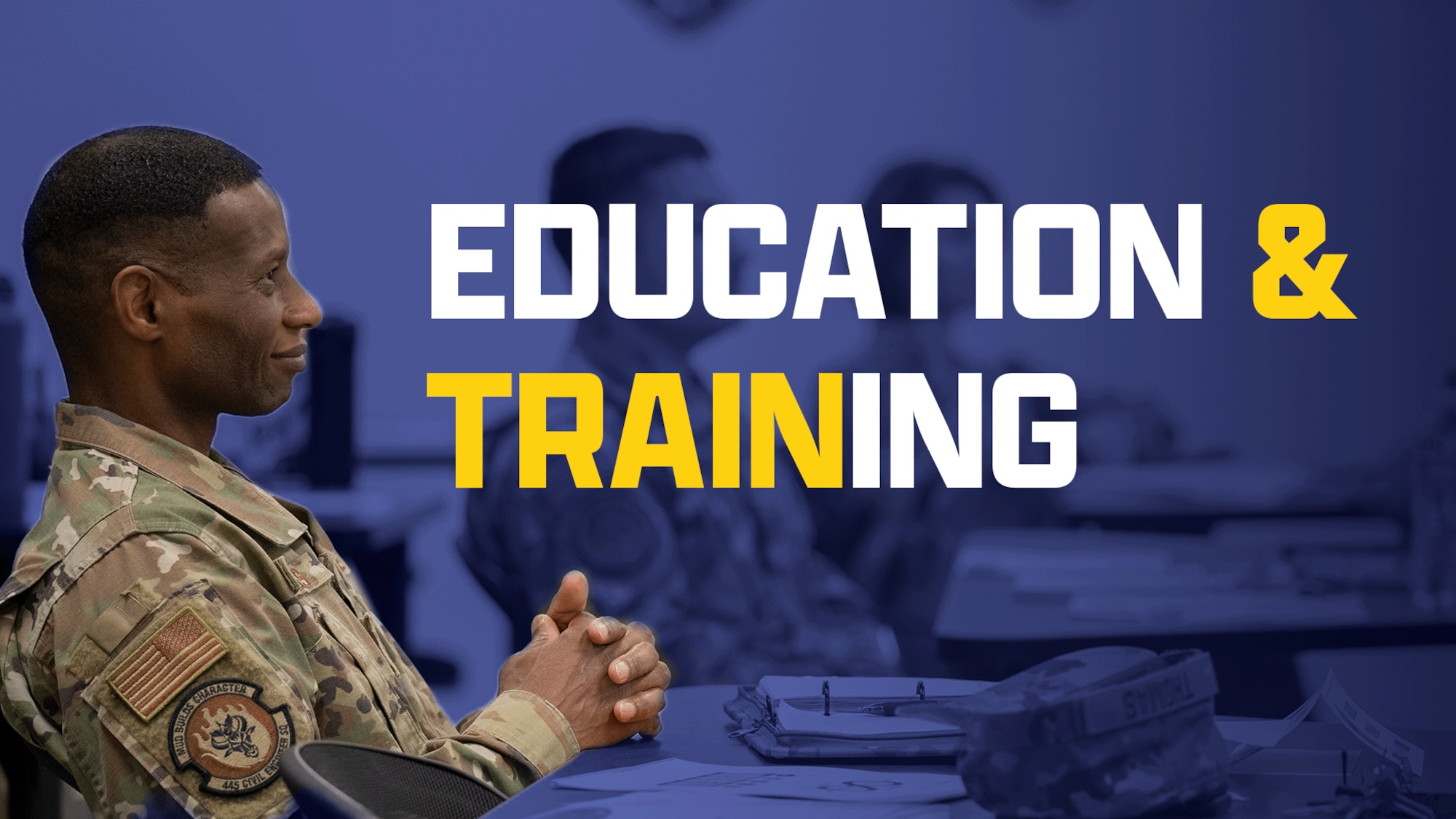 Purple graphic with military member, and white and yellow text.