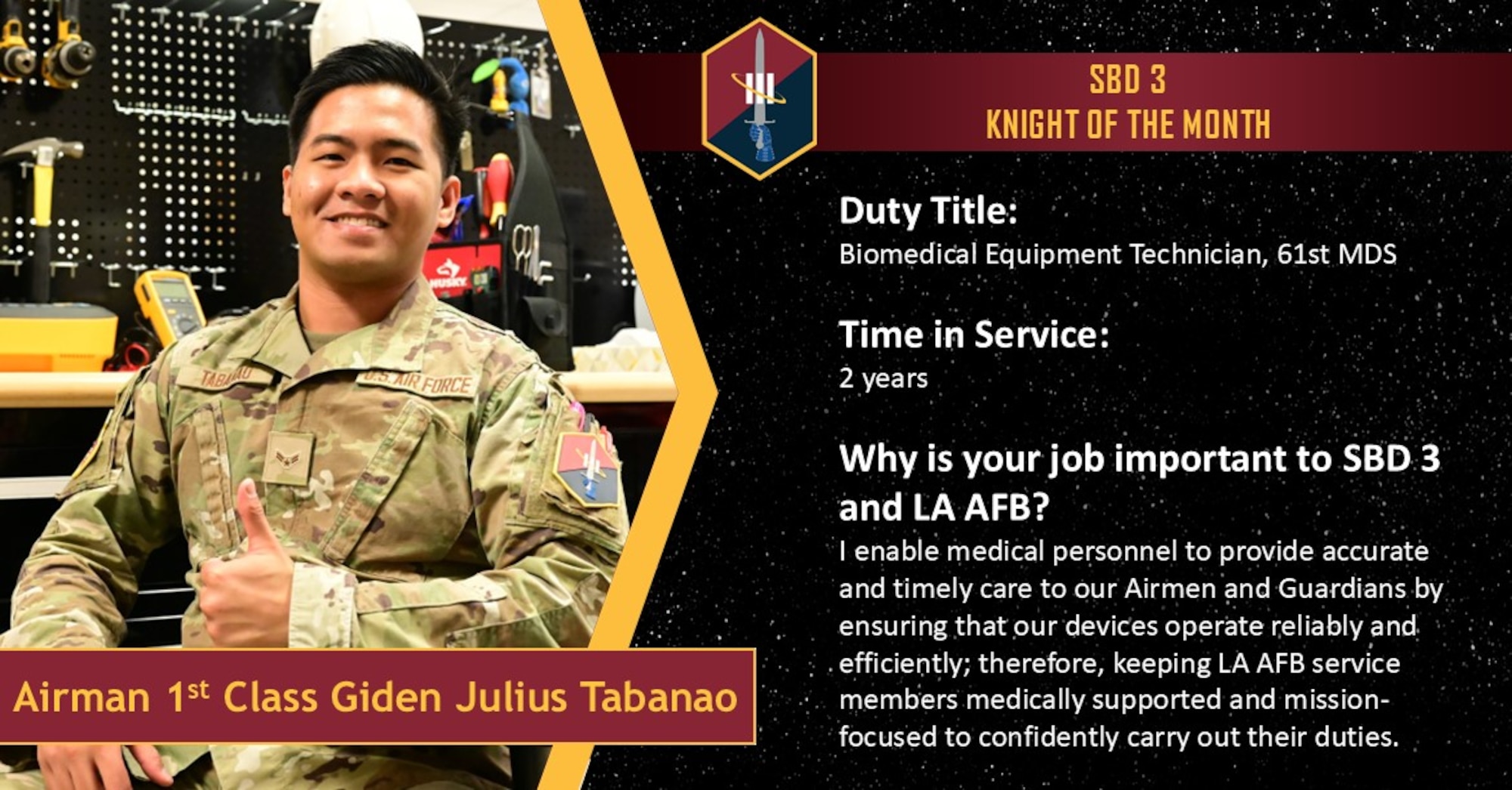 A man in uniform is sitting and giving the viewer a thumbs-up. He is sitting in front of medical equipment. The graphic gives a few details about him, specifically his duty title, time in service, and why his job is important to LAAFB and SBD 3