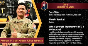 A man in uniform is sitting and giving the viewer a thumbs-up. He is sitting in front of medical equipment. The graphic gives a few details about him, specifically his duty title, time in service, and why his job is important to LAAFB and SBD 3