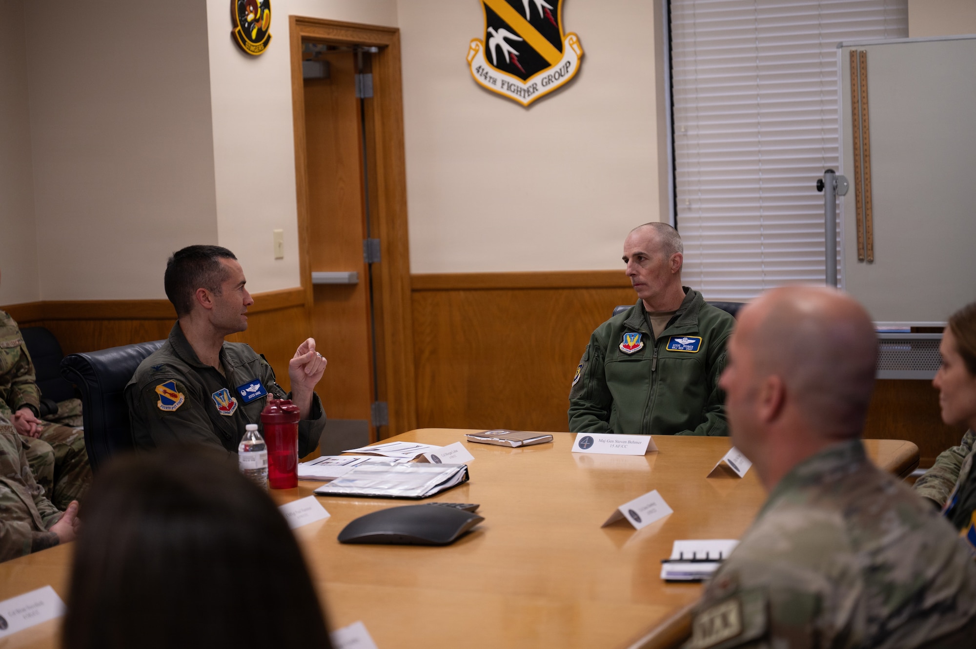U.S. Air Force Maj. Gen. Steven Behmer, 15th Air Force commander, receives a briefing on the F-15E Strike Eagle during his visit to Seymour Johnson Air Force Base, North Carolina, Feb. 4, 2026. Behmer visited Seymour Johnson AFB to gain a firsthand look at the 4th Fighter Wing’s infrastructure, day-to-day operations, and to meet with Airmen. (U.S. Air Force photo by Airman 1st Class Kevin Cumpa)