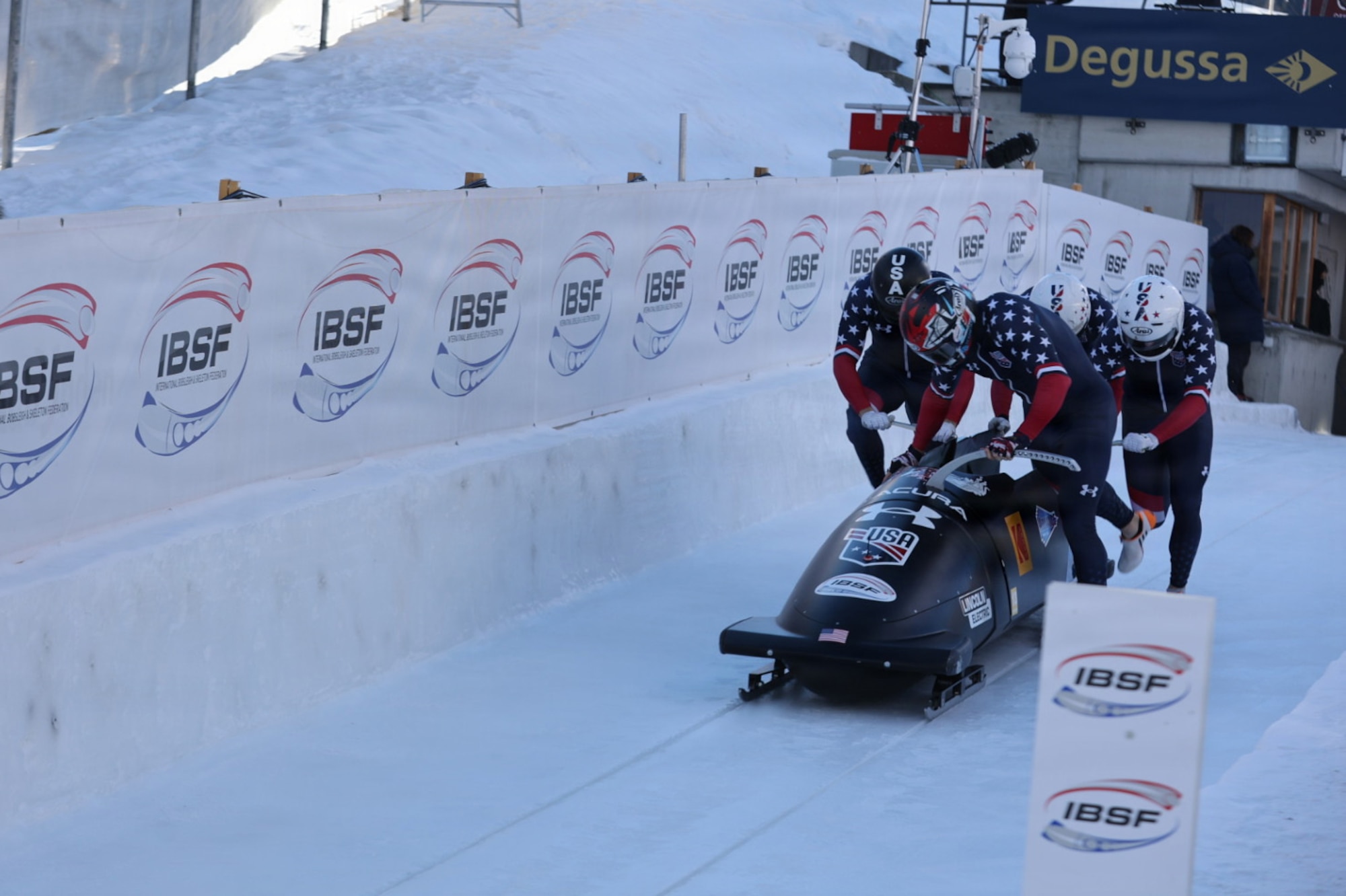 Sgt. Frank Del Duca, a Soldier-Athlete with the U.S. Army World Class Athlete Program, leads from the front in the four-man bobsled race at the IBSF World Cup/European Championships in St. Moritz, Switzerland, on Jan. 11. Del Duca was named to his second Olympic team on Jan. 19.