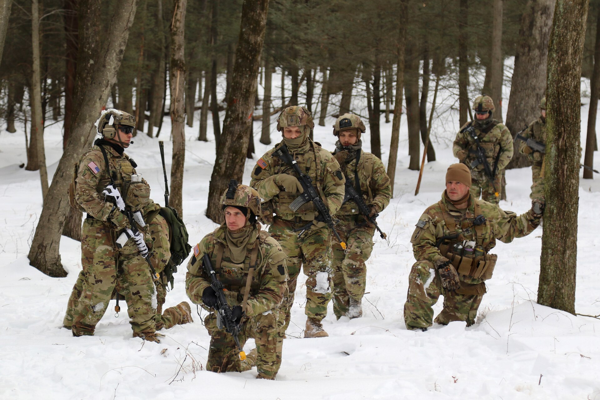 U.S. Army Soldiers attending the Infantry Advanced Leader Course conduct a field training exercise at the 166th Regiment – Regional Training Institute, Fort Indiantown Gap, Pennsylvania, Feb. 2-3, 2025. The exercise tests leadership, planning and small-unit tactics in a simulated operational environment. (U.S. Army photo by Sgt. 1st Class Shane Smith)